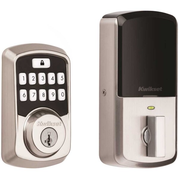 Aura Satin Nickel Single Cylinder Electronic Bluetooth Keypad Smart Lock Deadbolt featuring SmartKey